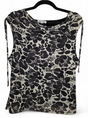 Kathy Ireland Y2K Floral Sleeveless Top Black White Shoulder Ties Large